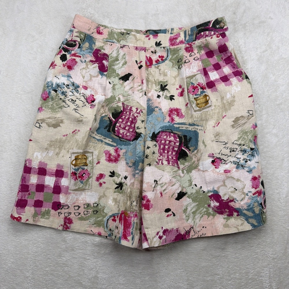 David Smith Floral Patchwork Linen Shorts Women's 12 Boho Vintage Pleated